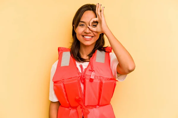 Young Hispanic Woman Holding Life Jacket Isolated Yellow Background Excited — Stock Photo, Image