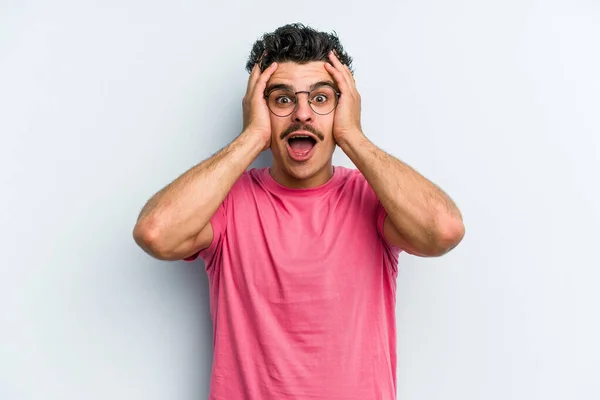 Young Caucasian Man Isolated Blue Background Being Shocked She Has — Stock Photo, Image