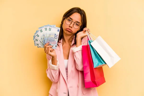 Young Hispanic Woman Holding Shopping Bag Isolated Yellow Background — Photo