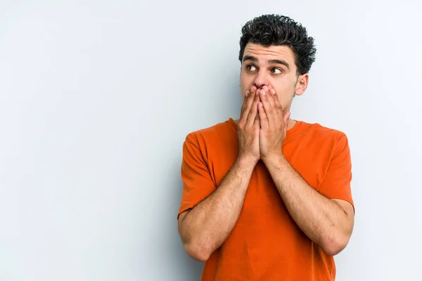 Young Caucasian Man Isolated Blue Background Thoughtful Looking Copy Space — Stock Photo, Image