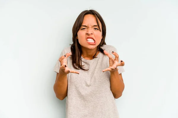 Ung Latinamerikansk Kvinna Isolerad Blå Bakgrund Har Stark Tänder Smärta — Stockfoto
