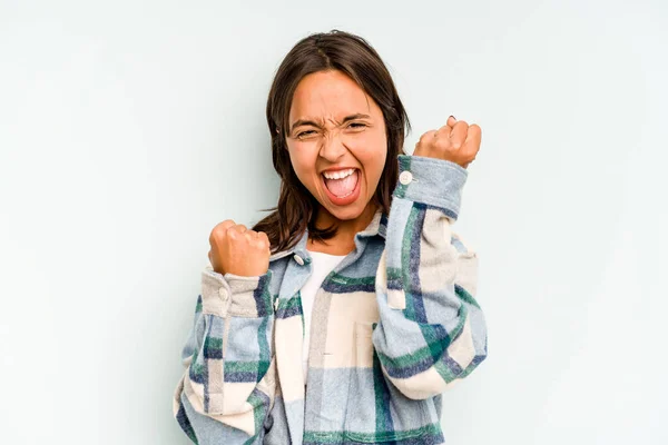 Young Hispanic Woman Isolated Blue Background Confused Feels Doubtful Unsure — Stock Photo, Image