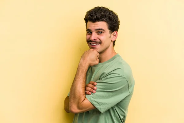 Young Caucasian Man Isolated Yellow Background Smiling Happy Confident Touching — Stock Photo, Image