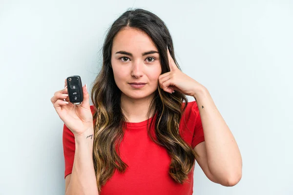 Young Caucasian Woman Holding Car Keys Isolated Blue Background Pointing — Photo