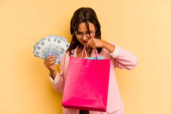 Young Hispanic Woman Holding Shopping Bag Isolated Yellow Background — Photo