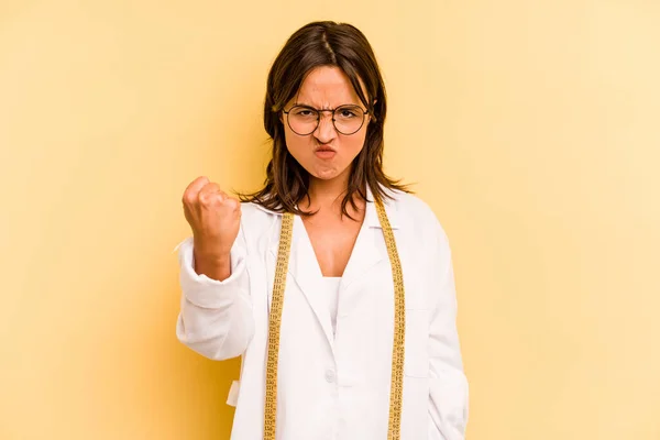 Young Nutritionist Hispanic Woman Isolated Yellow Background Showing Fist Camera — Stock Photo, Image