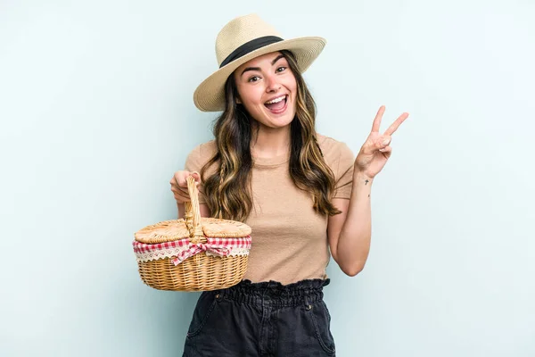 Young Caucasian Woman Holding Picnic Basket Isolated Blue Background Joyful — Fotografia de Stock