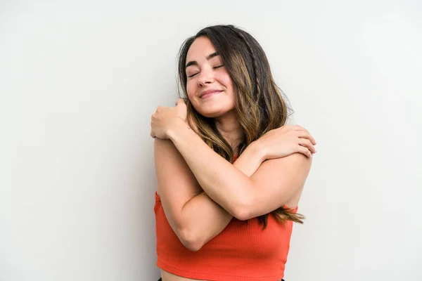 Jonge Blanke Vrouw Geïsoleerd Witte Achtergrond Knuffels Glimlachen Zorgeloos Gelukkig — Stockfoto