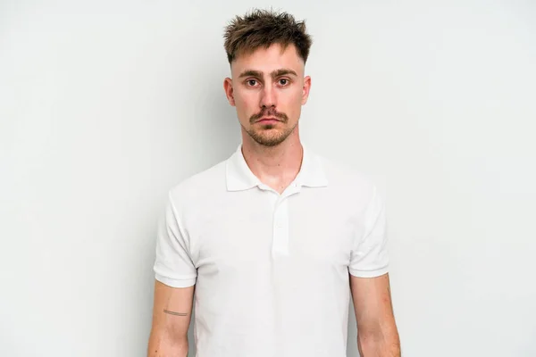 Young Caucasian Man Isolated White Background Sad Serious Face Feeling — Stock Photo, Image