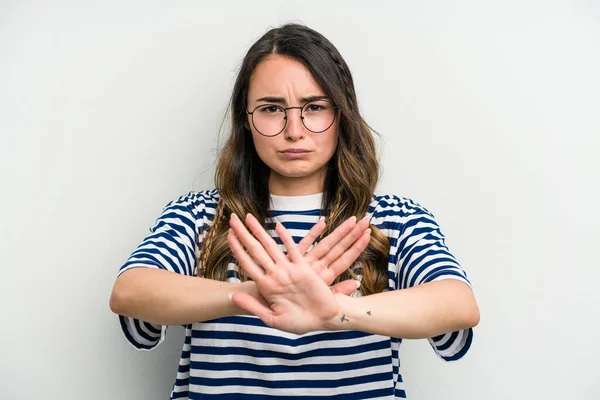 Jonge Blanke Vrouw Geïsoleerd Witte Achtergrond Staan Met Uitgestrekte Hand — Stockfoto