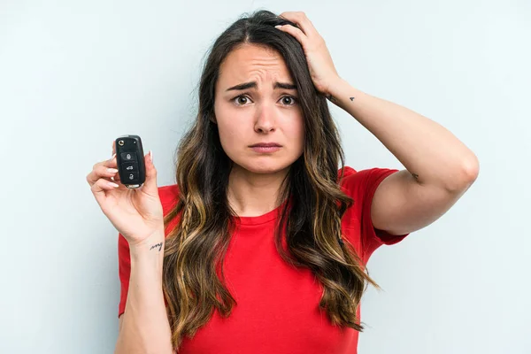 Young Caucasian Woman Holding Car Keys Isolated Blue Background Being — Stockfoto