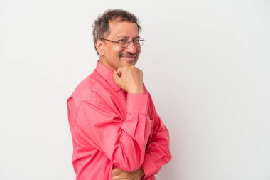 Middle aged indian man isolated on white background smiling happy and confident, touching chin with hand.