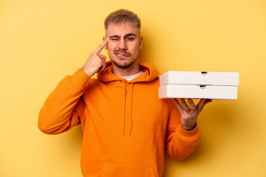 Sarı arka planda pizza tutan beyaz bir adam işaret parmağıyla yaptığı hayal kırıklığını gösteriyor..