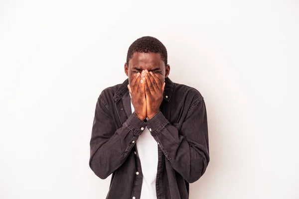 Young African American Man Isolated White Background Laughing Something Covering — Stock Photo, Image