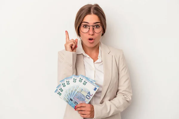 Young Russian Business Woman Holding Banknotes Isolated White Background Having — Stock Photo, Image