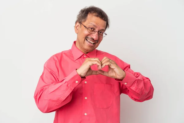 Middle Aged Indian Man Isolated White Background Smiling Showing Heart — Foto de Stock