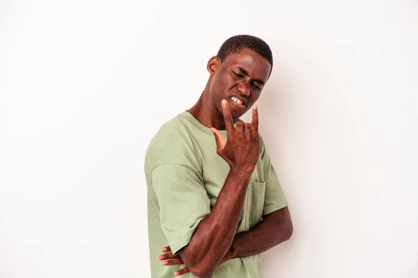 Young African American Man Isolated White Background Showing Rock Gesture — Stock Photo, Image