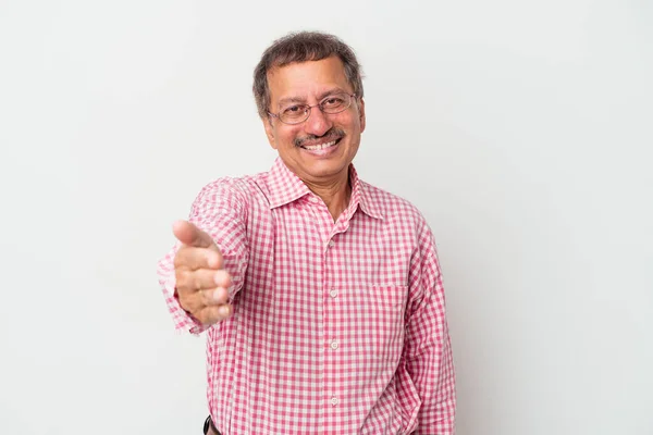 Middle Aged Indian Man Isolated White Background Stretching Hand Camera — Stockfoto