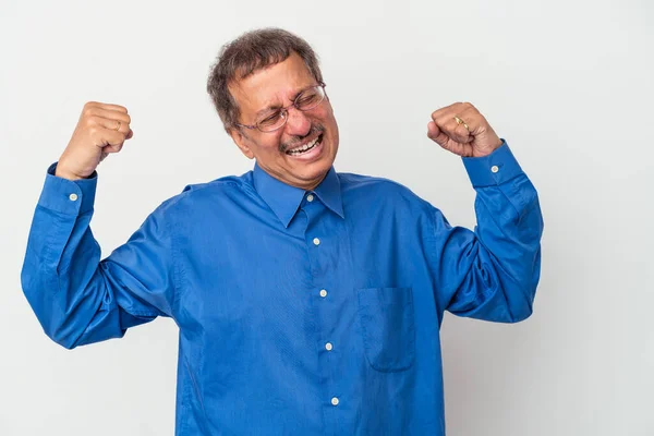 Middle Aged Indian Man Isolated White Background Raising Fist Victory — Foto Stock