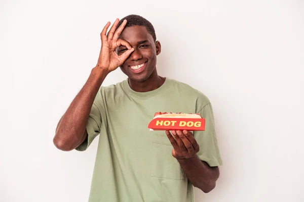 Young African American Man Eating Hot Dog Isolated White Background — Stock Photo, Image