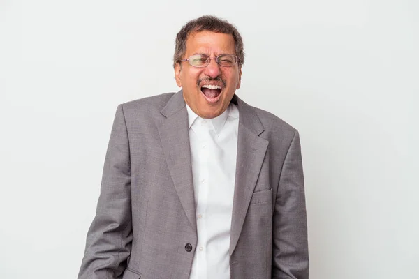Middle Aged Indian Business Man Isolated White Background Screaming Very — Stockfoto