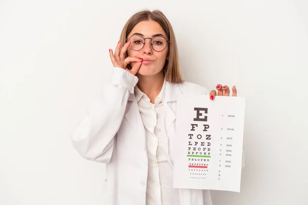 Young Optometrist Russian Woman Isolated White Background Fingers Lips Keeping — Stock Photo, Image