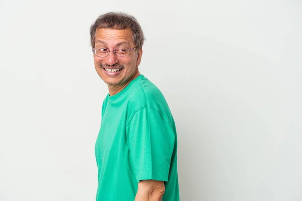 Middle Aged Indian Man Isolated White Background Looks Aside Smiling — 图库照片