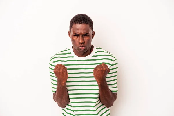 Ung Afrikansk Amerikansk Man Isolerad Vit Bakgrund Visar Knytnäve Mot — Stockfoto