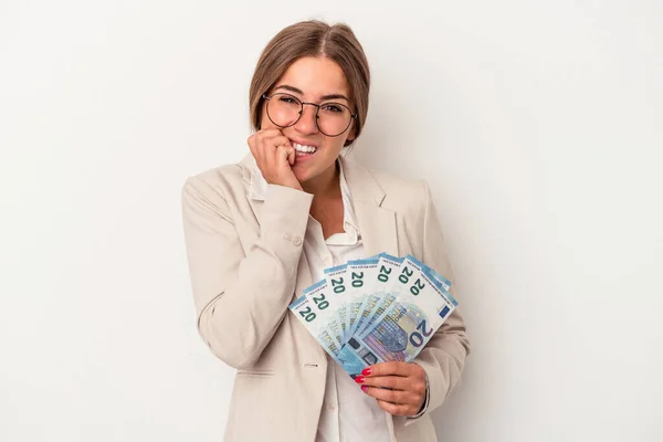 Joven Mujer Negocios Rusa Sosteniendo Billetes Aislados Sobre Fondo Blanco — Foto de Stock