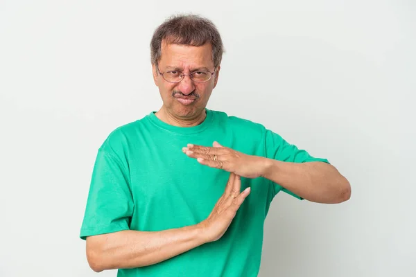Middle Aged Indian Man Isolated White Background Showing Timeout Gesture — 图库照片