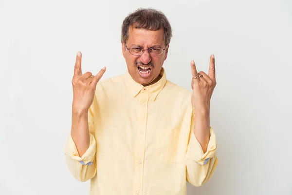 Middle Aged Indian Man Isolated White Background Showing Horns Gesture —  Fotos de Stock