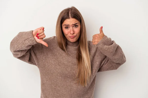 Young Russian Woman Isolated White Background Keeps Hands Chin Looking — Stock Photo, Image