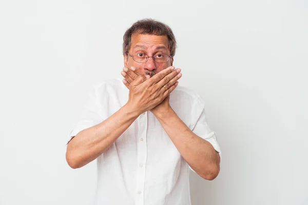 Middle Aged Indian Man Isolated White Background Shocked Covering Mouth —  Fotos de Stock