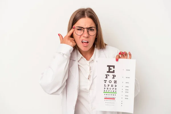 Joven Optometrista Rusa Aislada Sobre Fondo Blanco Mostrando Gesto Decepción — Foto de Stock