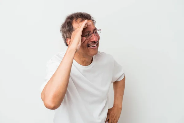 Middle Aged Indian Man Isolated White Background Joyful Laughing Lot — Zdjęcie stockowe