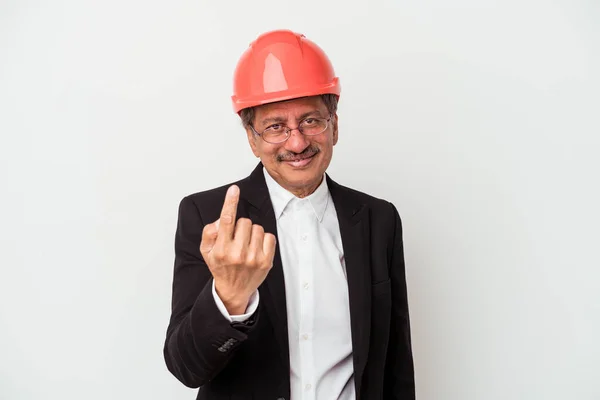 Middle Aged Indian Architect Man Isolated White Background Pointing Finger — Stock fotografie