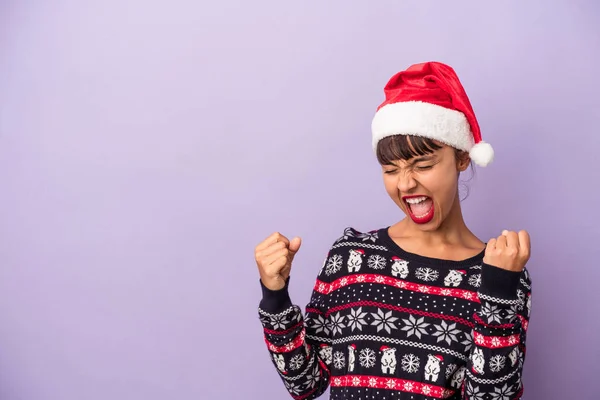 Young Mixed Race Woman Celebrating Christmas Isolated Purple Background Raising — Stock Photo, Image