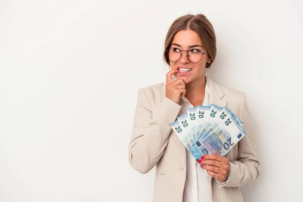Young Russian Business Woman Holding Banknotes Isolated White Background Relaxed — Stock Photo, Image