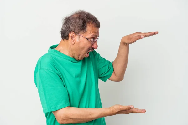 Middle Aged Indian Man Isolated White Background Shocked Amazed Holding — Foto Stock