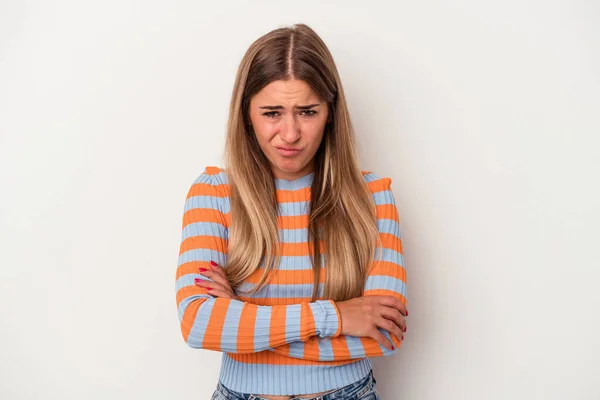 Junge Russin Auf Weißem Hintergrund Unglücklich Isoliert Und Mit Sarkastischem — Stockfoto