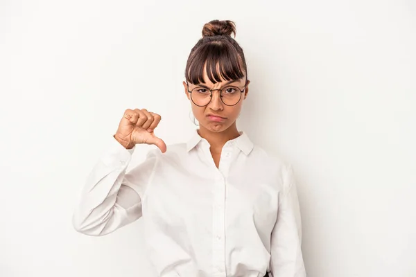 Junge Geschäftsfrau Mit Gemischter Rasse Isoliert Auf Weißem Hintergrund Zeigt — Stockfoto