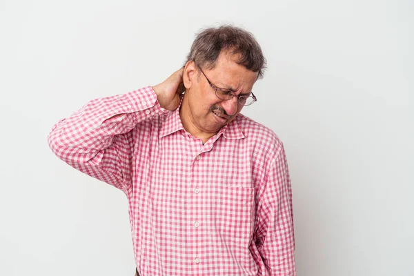 Middle Aged Indian Man Isolated White Background Suffering Neck Pain — Foto Stock
