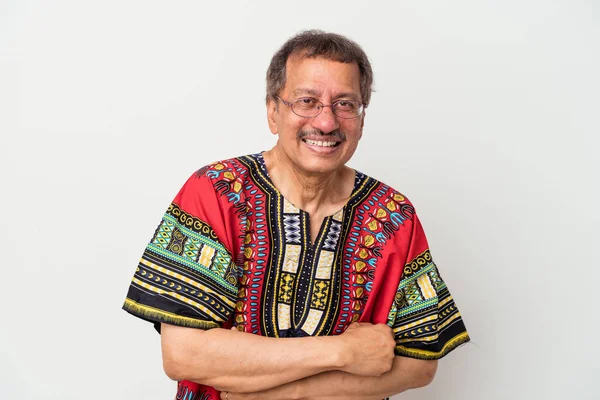 Senior Indian Man Wearing Indian Costume Isolated White Background Laughing — 图库照片