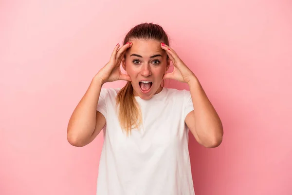 Young Russian Woman Isolated Pink Background Receiving Pleasant Surprise Excited — Stock Photo, Image