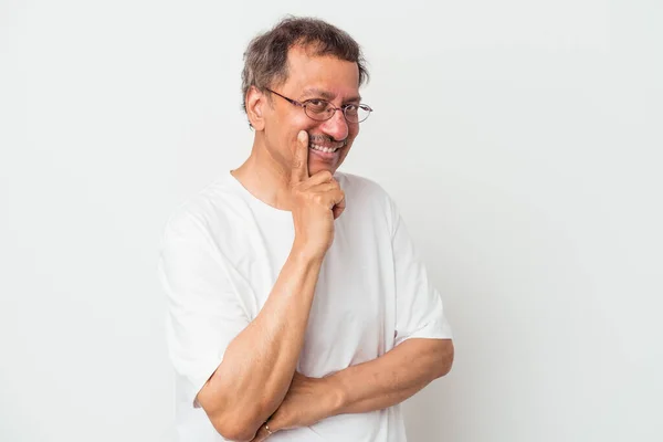 Middle Aged Indian Man Isolated White Background Smiling Happy Confident — Fotografia de Stock