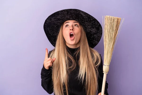 Young Russian Woman Disguised Witch Holding Broom Isolated Purple Background — Stock Photo, Image