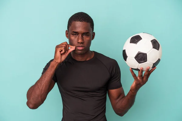 Young African American Man Playing Football Isolated Blue Background Fingers — Stock Photo, Image