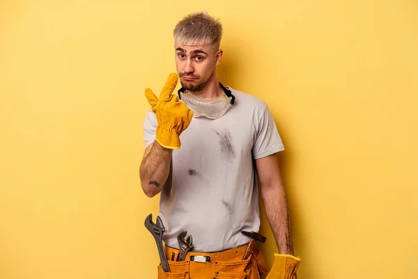 Young Electrician Caucasian Man Isolated Yellow Background Pointing Finger You — 스톡 사진