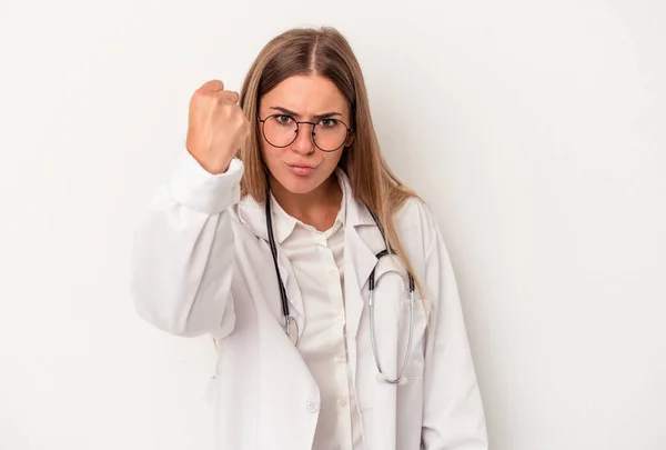 Young Doctor Russian Woman Isolated White Background Showing Fist Camera — Stock Photo, Image