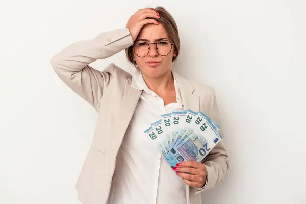 Joven Mujer Negocios Rusa Sosteniendo Billetes Aislados Sobre Fondo Blanco — Foto de Stock